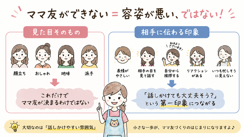 ママ友ができないのは見た目そのものではなく、話しかけやすい印象が影響することを示した図解