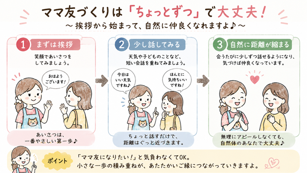 ママ友ができないときは、挨拶から少し話し、少しずつ距離を縮めていく流れを示した図解
