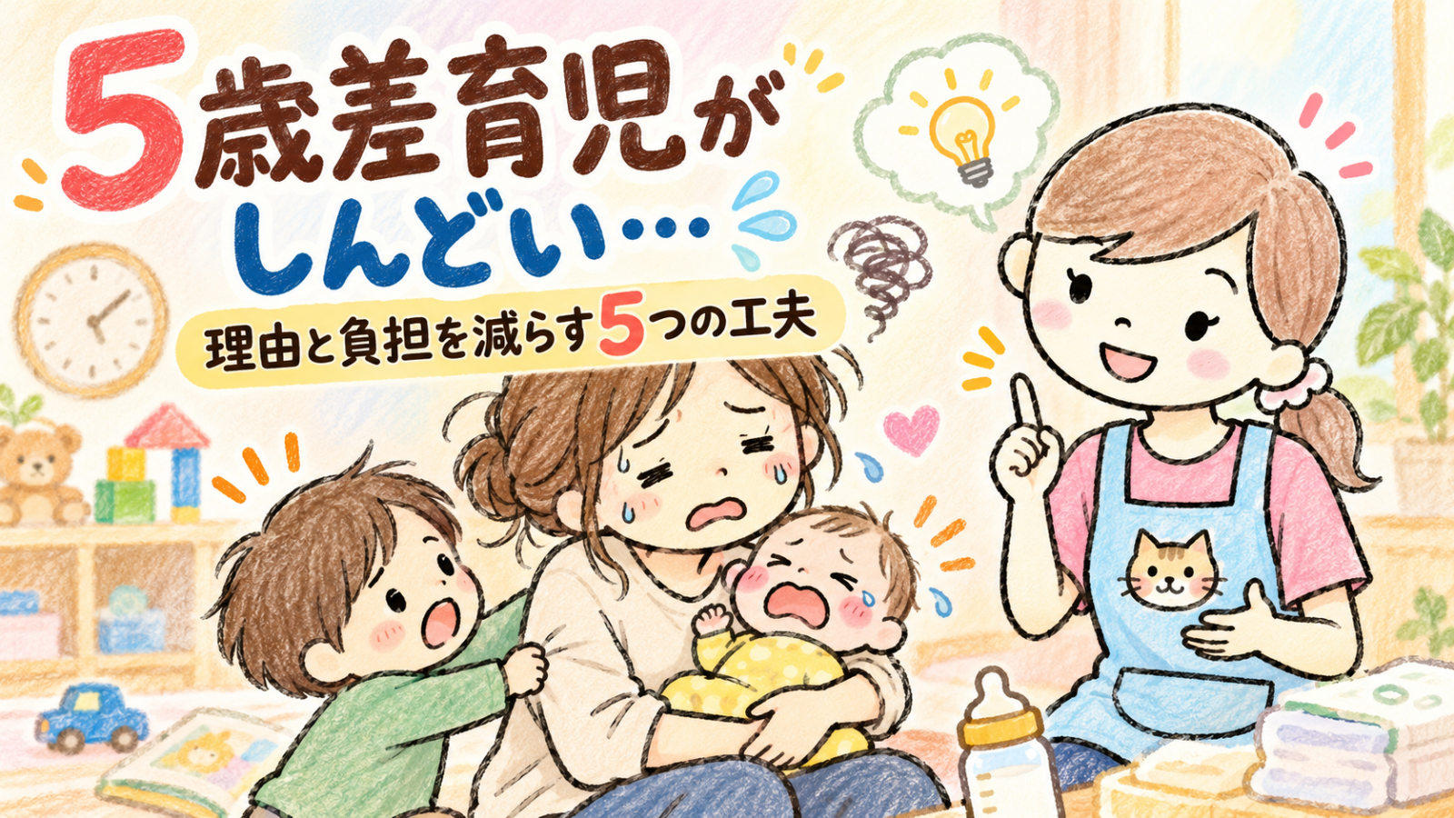 5歳差育児がしんどいと悩むママと、5歳くらいの上の子と赤ちゃんに寄り添い、負担を減らす工夫を伝える保育士ママにゃにたん