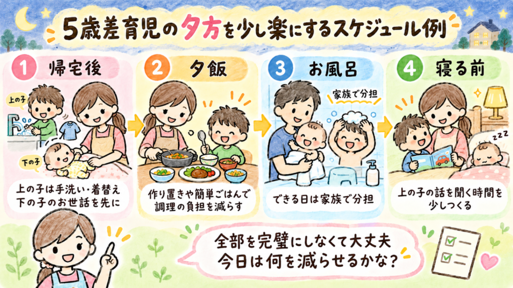 5歳差育児がしんどいときの夕方の過ごし方。上の子との時間、下の子の授乳やお世話、夕飯や寝かしつけの分担を示した図解