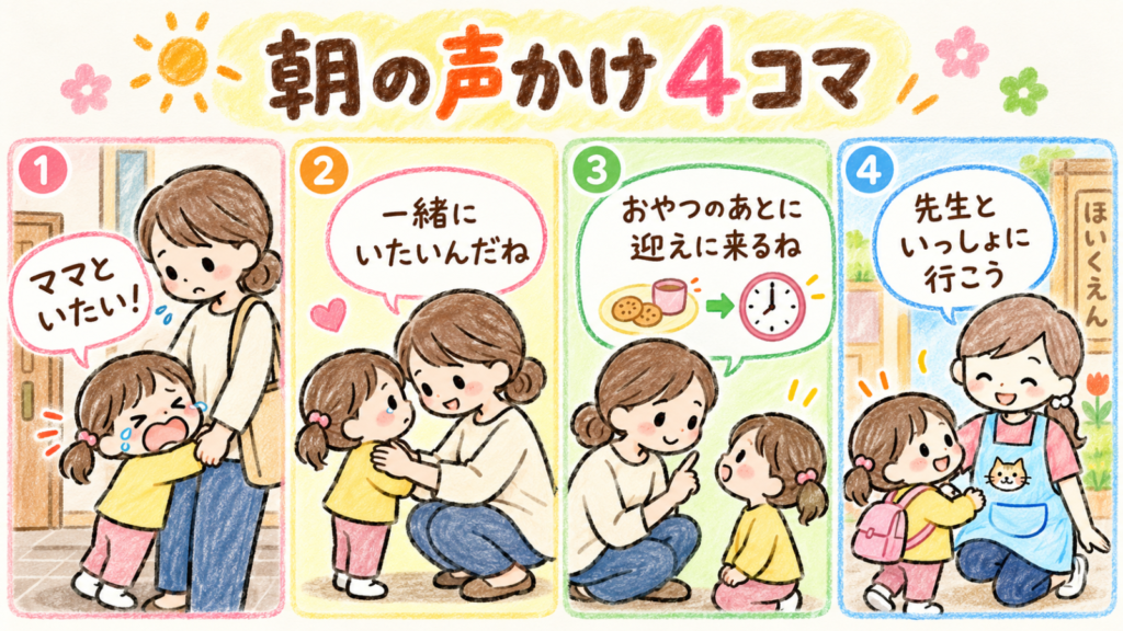 保育園に行きたくない、ママといたいと泣く3歳の子への朝の声かけ。気持ちの受け止め方やお迎えの伝え方を紹介する4コマ漫画