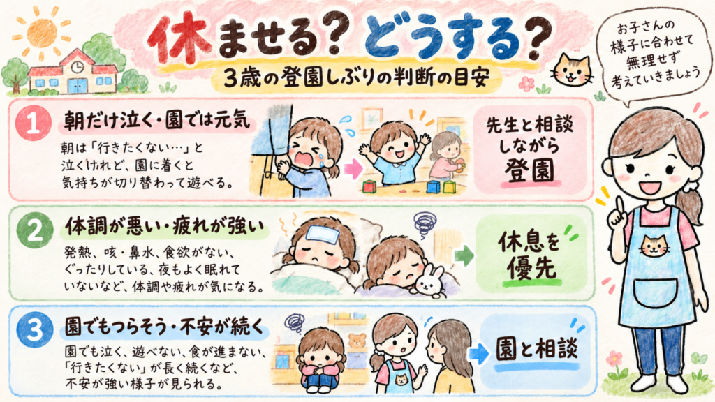 3歳の子どもが保育園に行きたくないと泣くとき、休ませるか迷った場合の判断目安。朝だけ泣く、体調不良、園でもつらい場合の対応を紹介する図解
