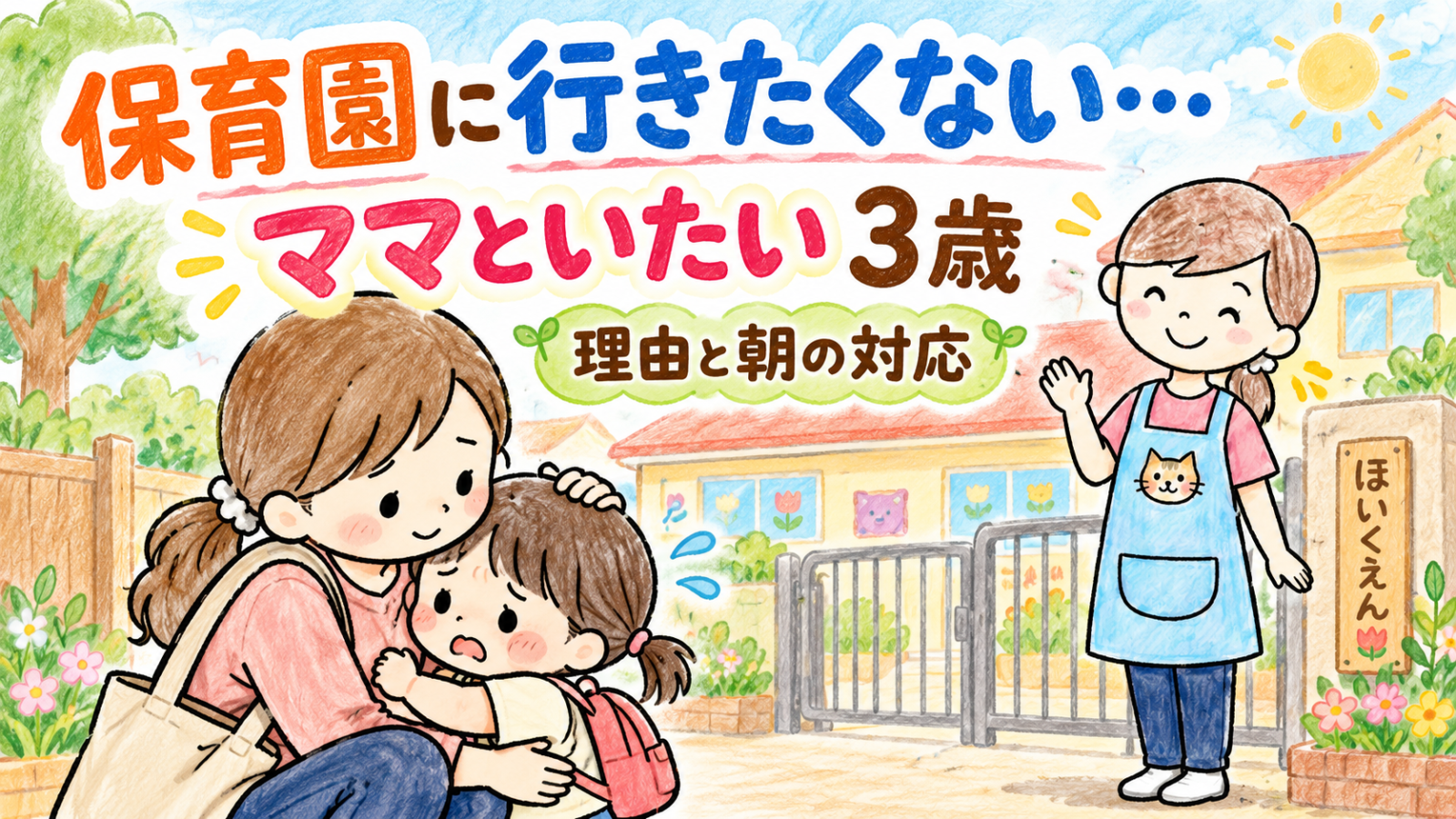 保育園に行きたくない、ママといたいと泣く3歳の子どもと、寄り添うママに朝の対応を伝える保育士ママにゃにたん