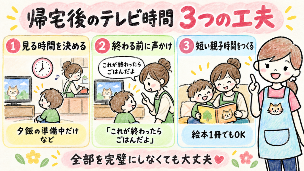 保育園から帰宅後にテレビばかりにならないための工夫。視聴時間の決め方、テレビを終える声かけ、親子時間のつくり方を紹介。
