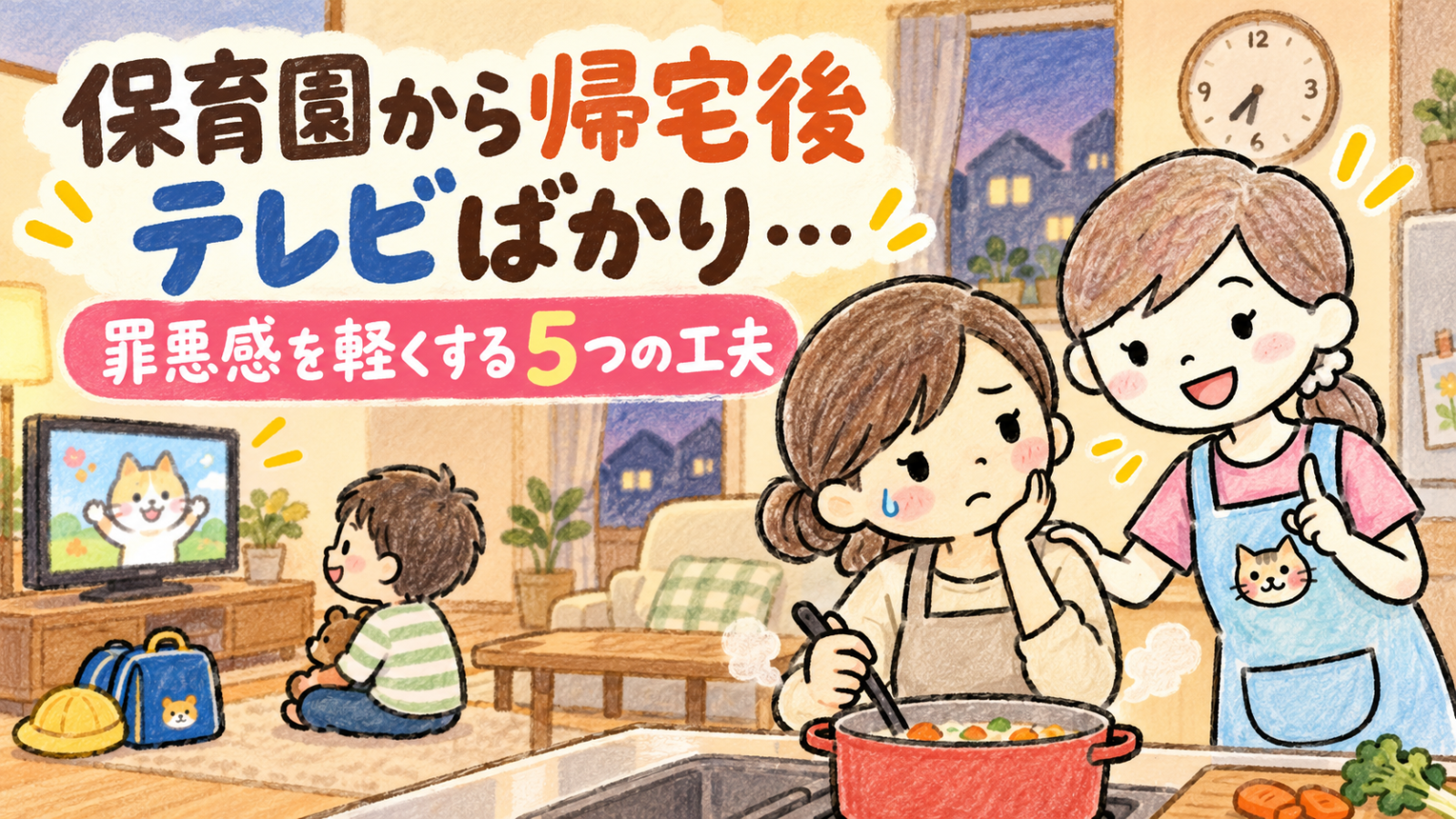 保育園から帰宅後、テレビばかり見せることに罪悪感を感じるママと、テレビとの付き合い方を優しく伝える保育士ママにゃにたん
