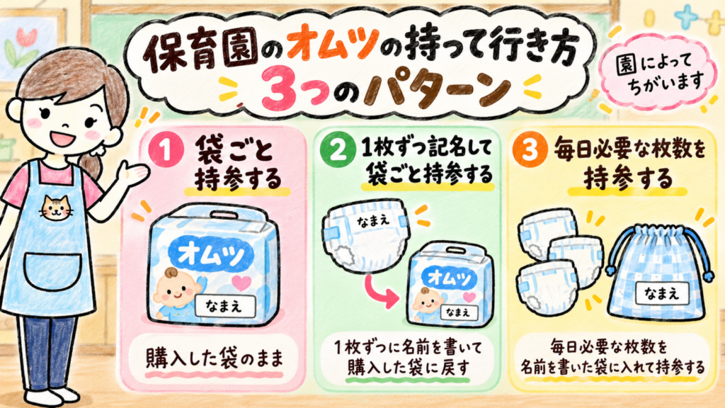保育園のオムツの持って行き方を、袋ごと・1枚ずつ記名して袋ごと・毎日小分けの3パターンで比較した図解