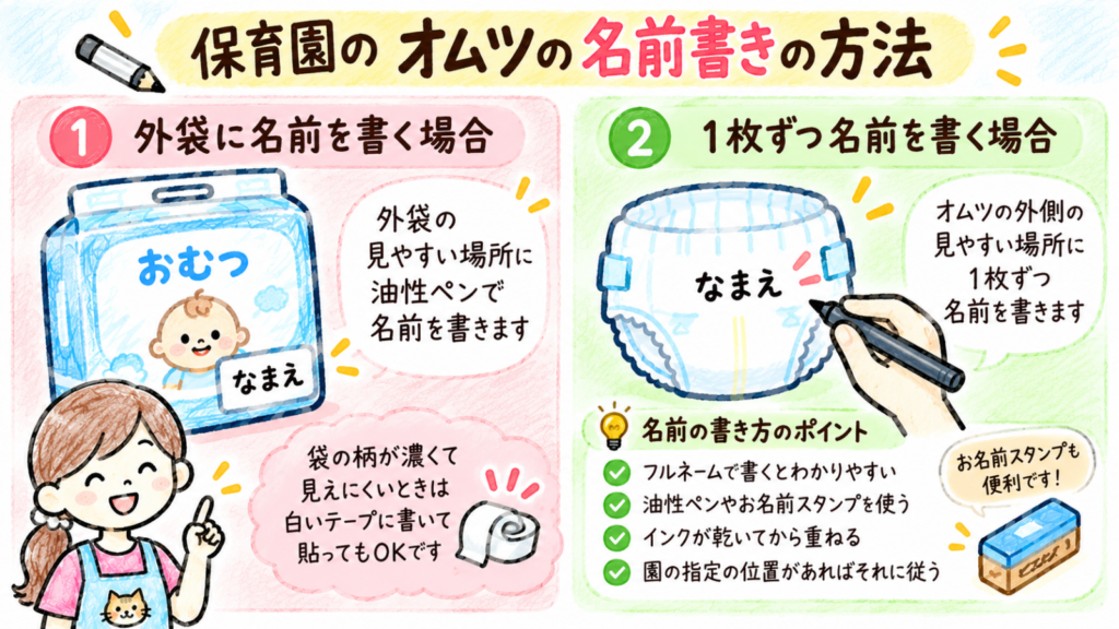 保育園用オムツの名前書きで、購入した外袋に記名する方法と1枚ずつ記名する方法を比較した図解