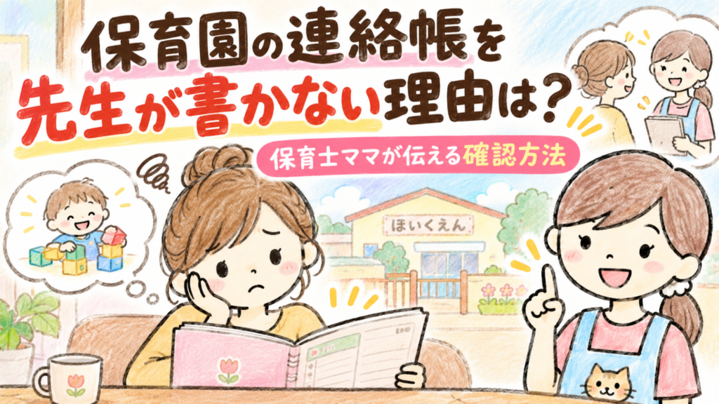 保育園の連絡帳を先生が書かないことに悩むママと、記入がない理由や確認方法を優しく伝える保育士ママにゃにたん