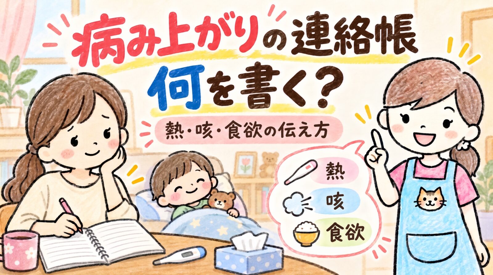 保育園の連絡帳に病み上がりの体調をどう書くか悩むママと、例文を紹介するにゃにたん先生