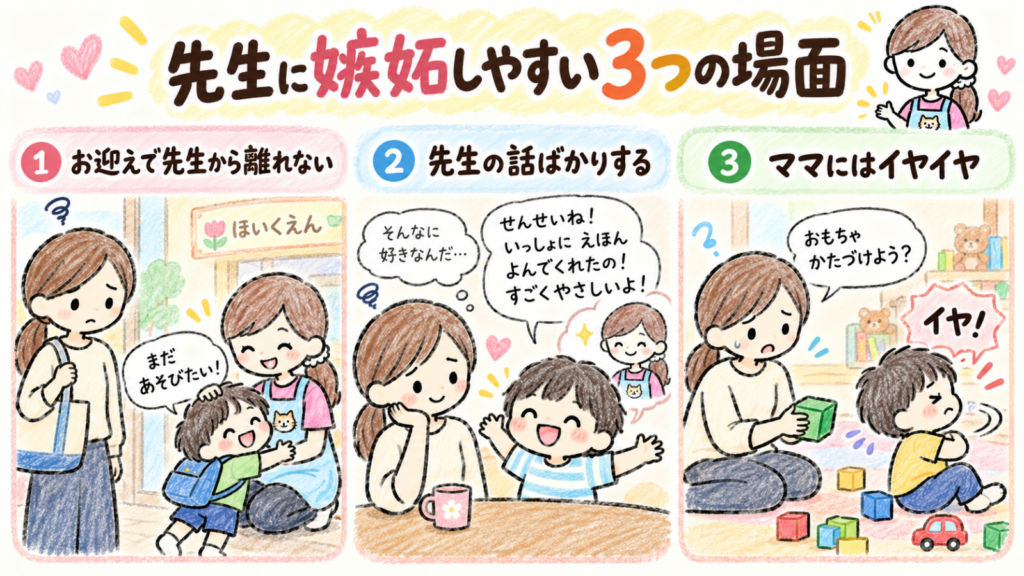 保育園の先生に嫉妬するきっかけとなる、お迎え・先生の話・家でのイヤイヤを描いた3コマ漫画