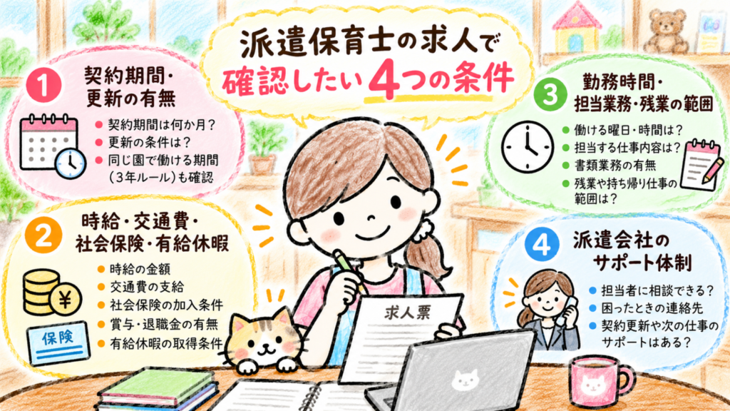 保育士の派遣社員求人で確認したい契約期間、給与と社会保険、仕事内容、派遣会社のサポート体制の4項目