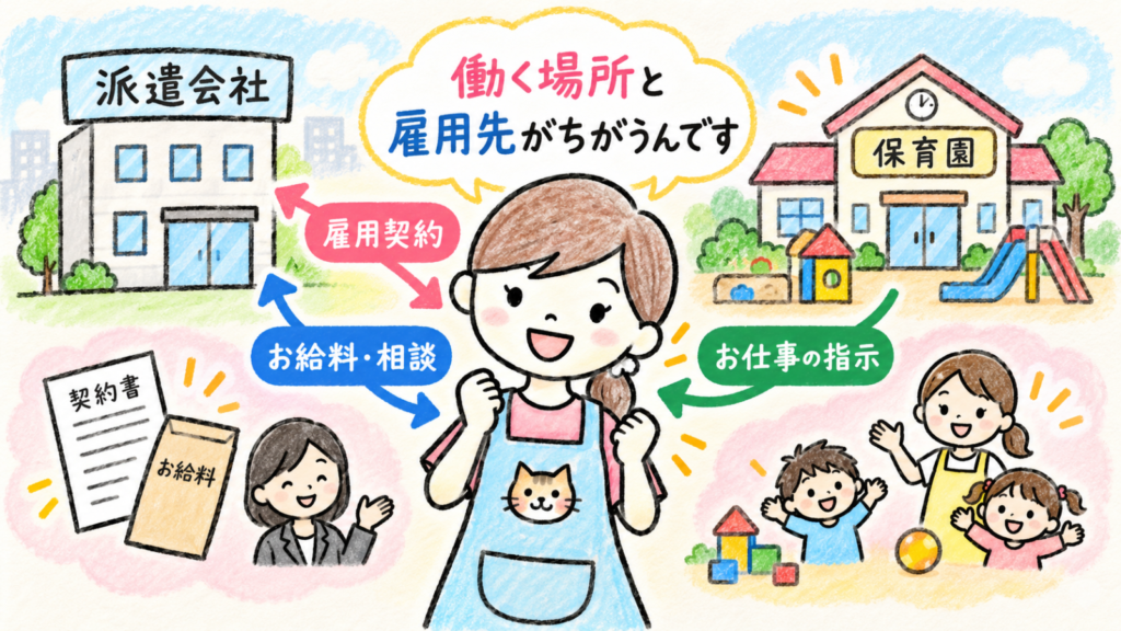 派遣保育士が派遣会社と雇用契約を結び、派遣先の保育園で働く仕組みを説明した図解