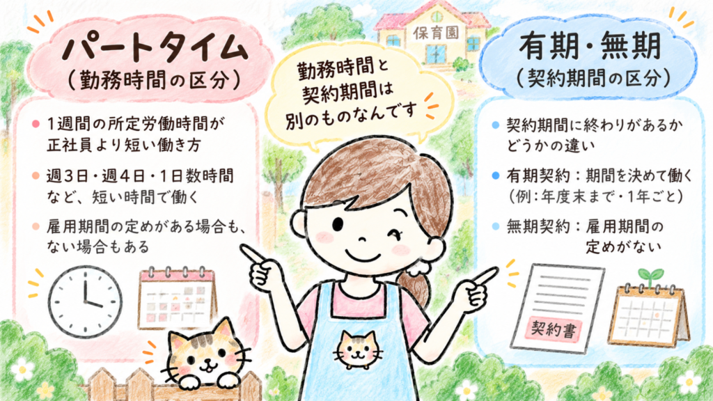 パートタイムは勤務時間、有期・無期は契約期間の違いであることを整理した図解