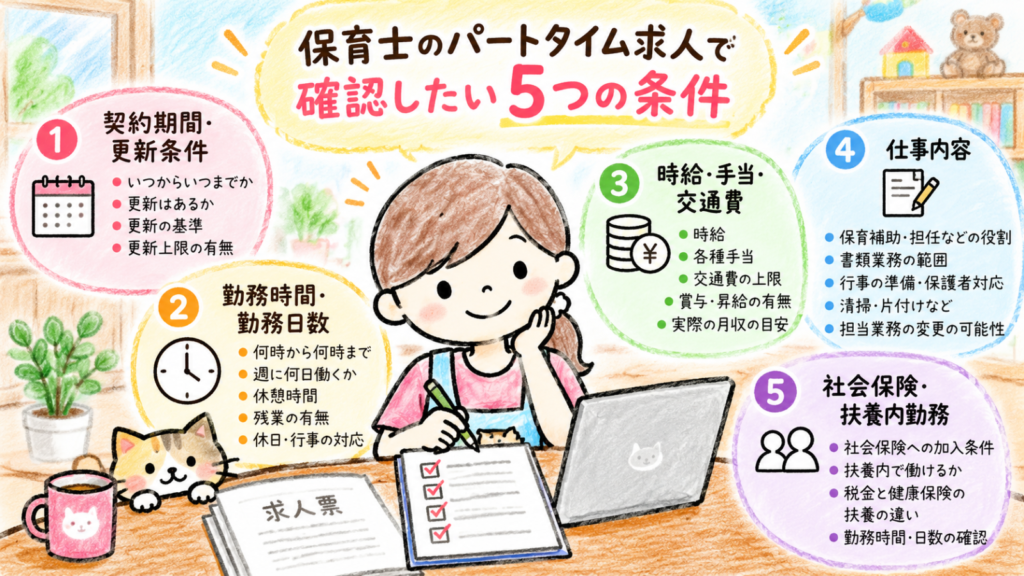 保育士のパートタイム求人で確認したい契約期間、勤務時間、給与、仕事内容、社会保険の5項目