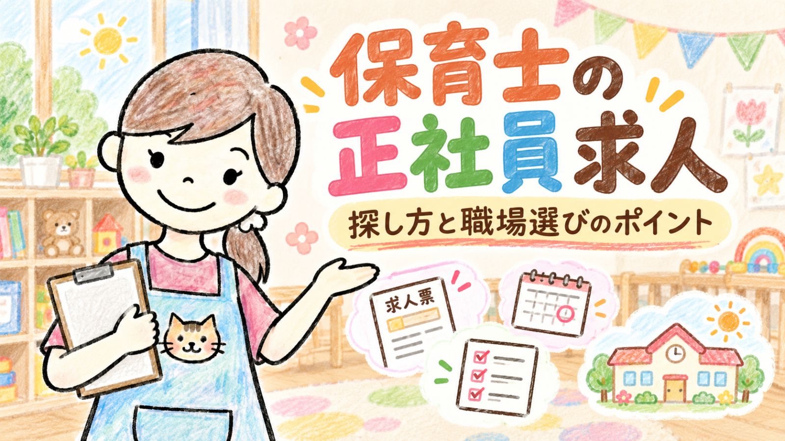 保育士の正社員求人を見ながら、給与や休日、職場選びのポイントを案内するにゃにたん