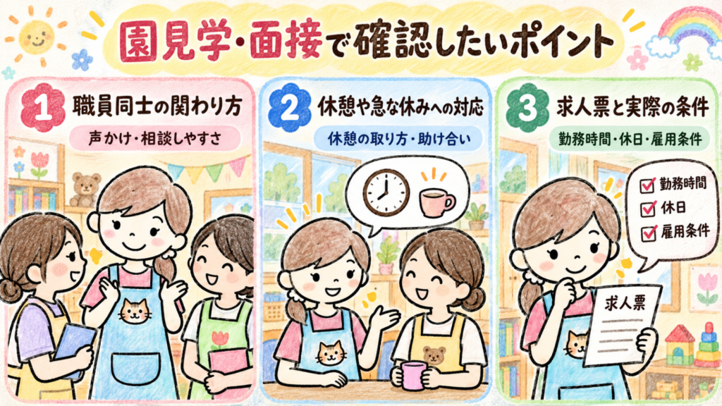 園見学や面接で確認する職員同士の関わり方、休憩や急な休みへの対応、求人票と実際の条件
