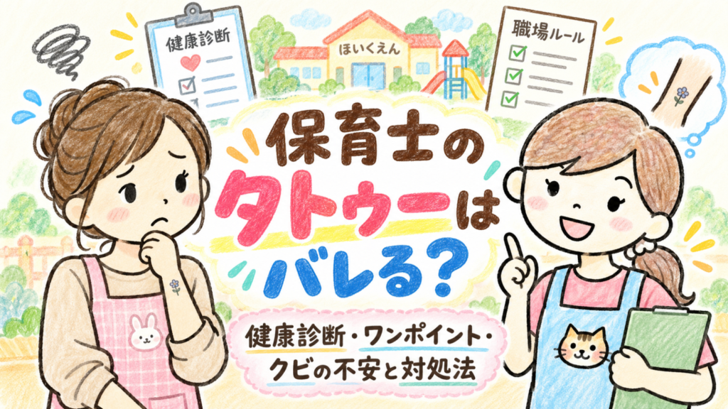 保育士のタトゥーはバレる?と悩む女性保育士に、健康診断や職場のルールについてにゃにたんが優しく説明するイラスト