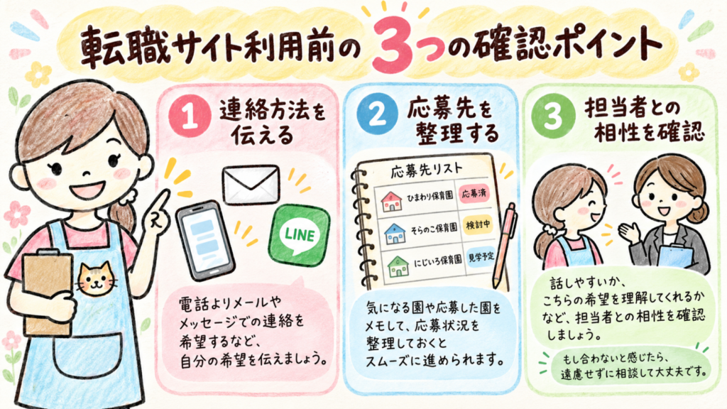保育士向け転職サイトを利用するときに確認したい連絡方法、掛け持ち時の応募先管理、担当者との相性
