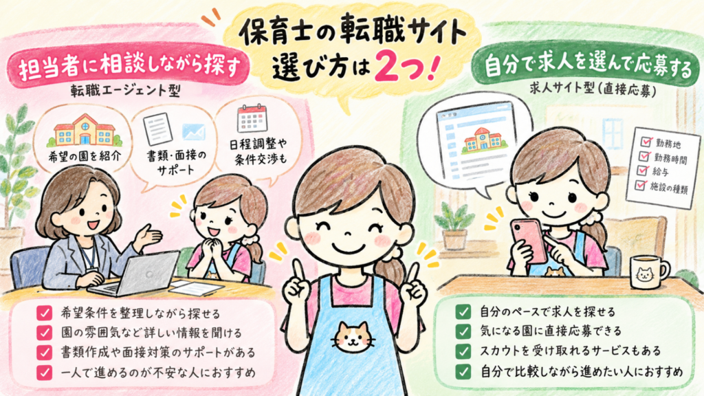 保育士の転職サイトを、担当者に相談して探す方法と自分で求人を選んで応募する方法で比べた図解