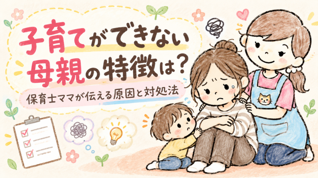 子育てができない母親の特徴は?という文字と、悩むママと子どもに保育士ママのにゃにたんが優しく寄り添うイラスト