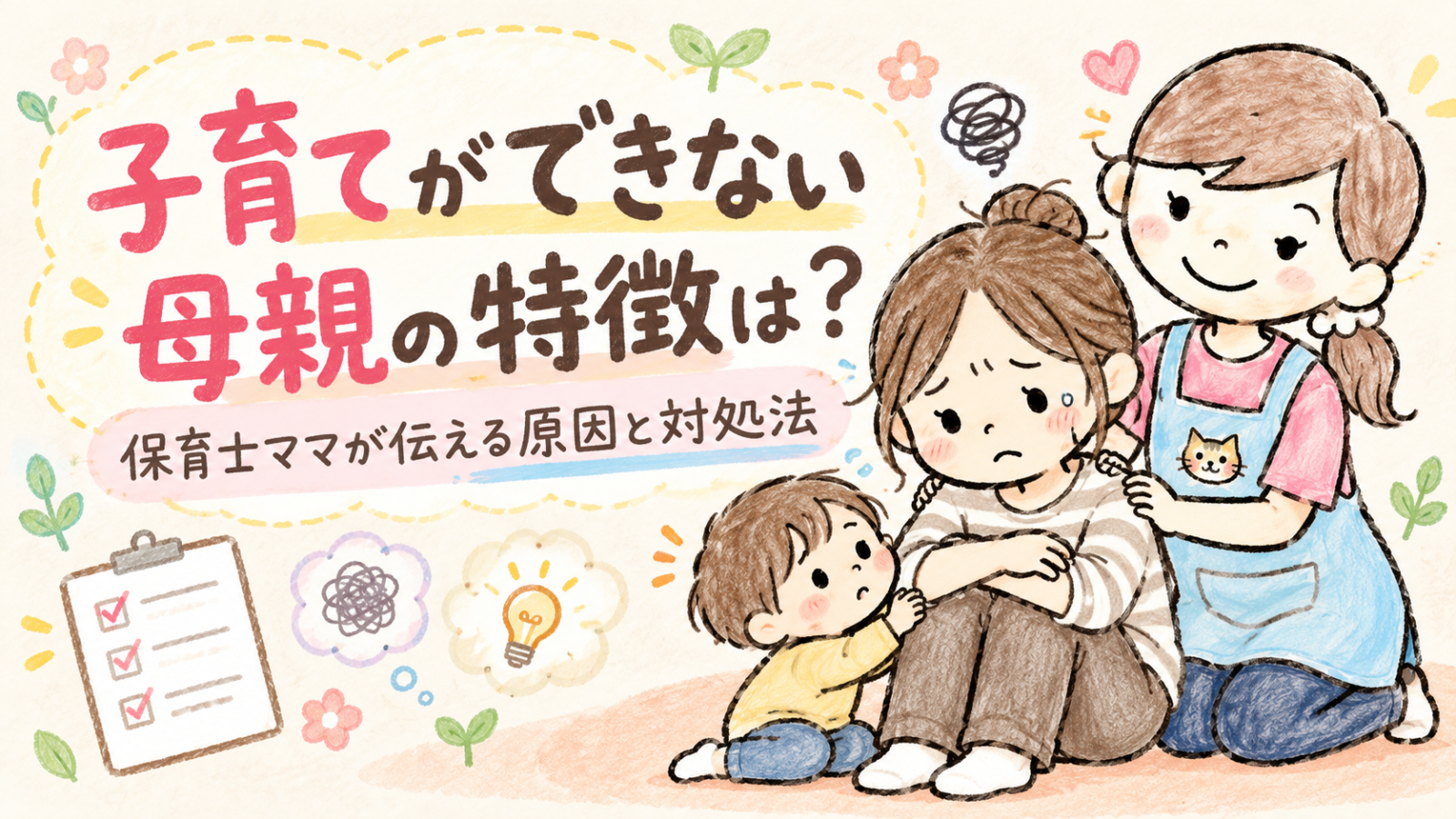 子育てができない母親の特徴は?という文字と、悩むママと子どもに保育士ママのにゃにたんが優しく寄り添うイラスト