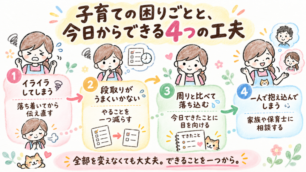 子育てができないと感じるときの4つの困りごとと対処法。イライラ、段取り、比較、抱え込みを見直す解説