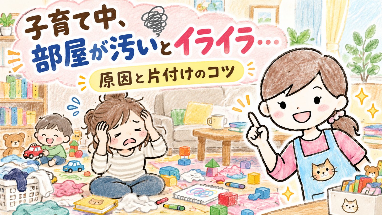 子育て中、部屋が汚くてイライラするママと、おもちゃが散らかった部屋で片付けのコツを紹介する保育士ママにゃにたん