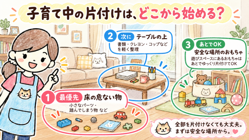 子育て中に部屋が汚くてイライラするときの片付けの優先順位。床の危険な物、テーブル、おもちゃの3か所を示した解説画像