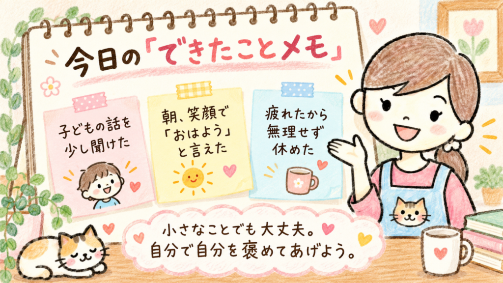 子育てに自信がないときに見つけたい「今日できたことメモ」の例。子どもの話を聞けた、笑顔で挨拶できた、無理せず休めたことを紹介。