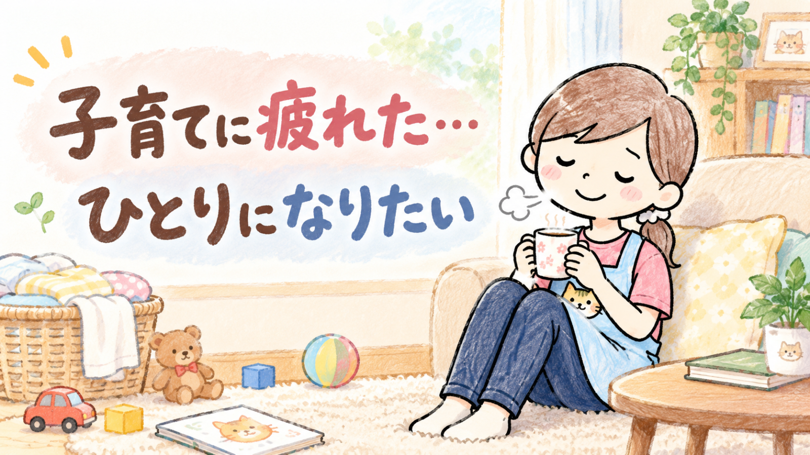 子育てに疲れてひとりになりたいママをイメージした、保育士ママにゃにたん