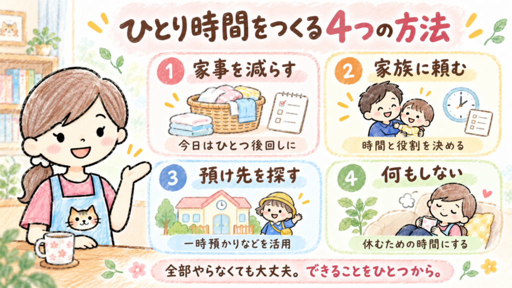 子育てに疲れたときにひとり時間をつくる4つの方法をまとめた解説