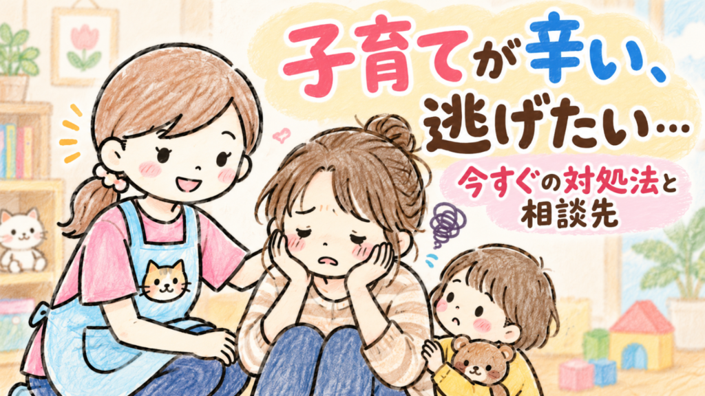 子育てが辛くて逃げたいと悩むママに、保育士のにゃにたんが寄り添うイラスト。今すぐの対処法と相談先を紹介