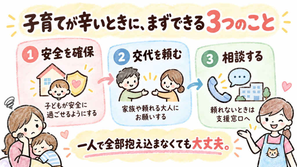 子育てが辛くて逃げたいときに、子どもの安全確保・大人への交代・相談先への連絡という3つの対処法をまとめた解説
