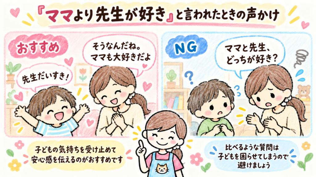 ママより先生が好きと言われたときの声かけ例と、避けたい言葉を示す2コマ漫画