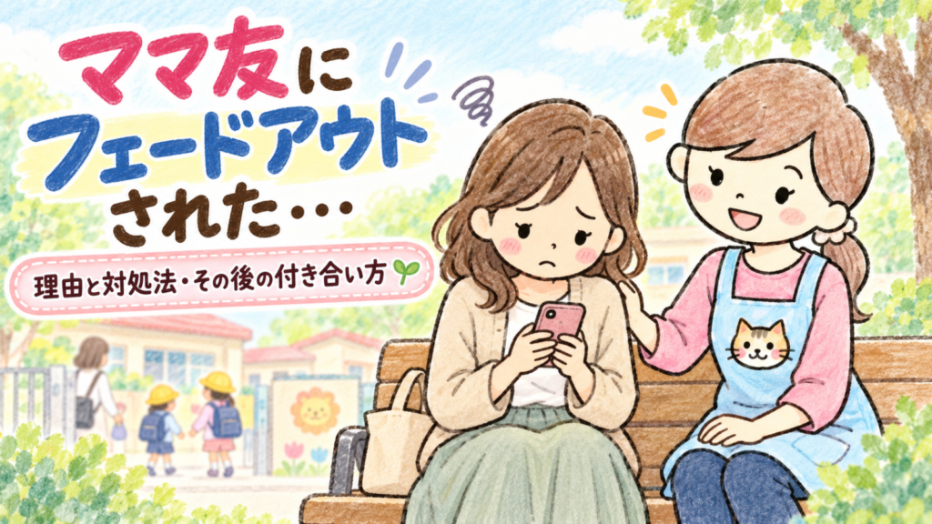 ママ友にフェードアウトされたと悩むママがスマートフォンを見つめ、保育士ママにゃにたんが優しく寄り添う