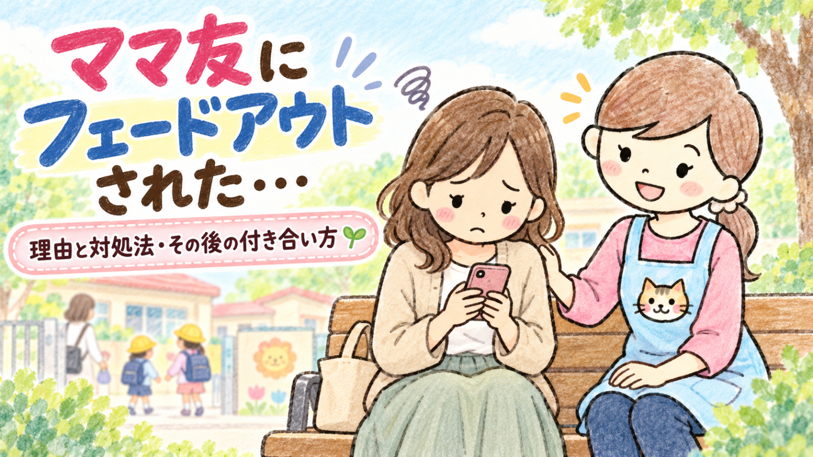 ママ友にフェードアウトされたと悩むママがスマートフォンを見つめ、保育士ママにゃにたんが優しく寄り添う